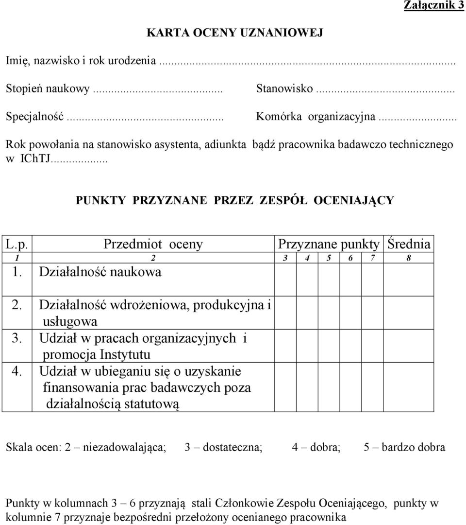 Działalność naukowa 2. Działalność wdrożeniowa, produkcyjna i usługowa 3. Udział w pracach organizacyjnych i promocja Instytutu 4.