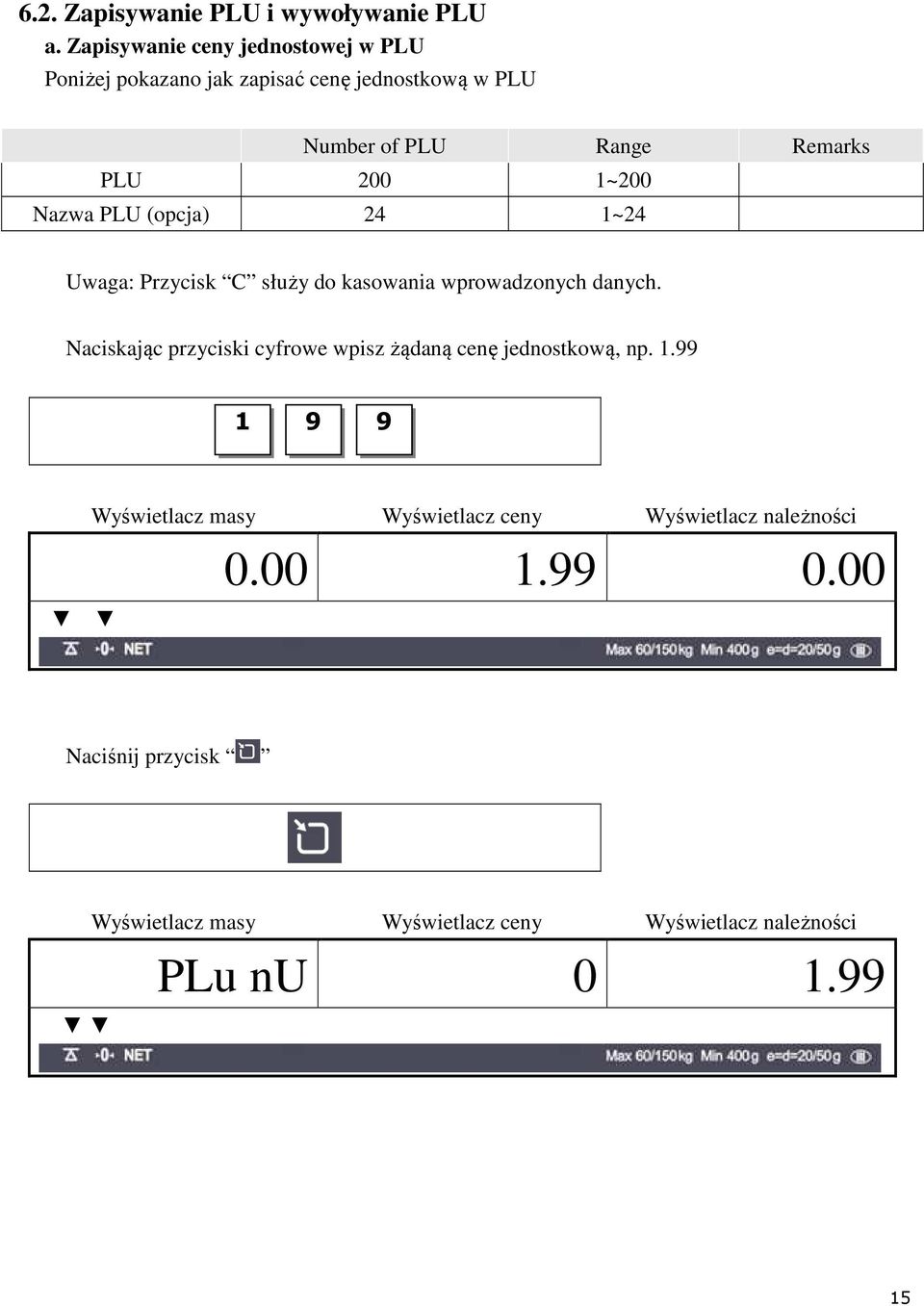 of PLU Range Remarks PLU 200 1~200 Nazwa PLU (opcja) 24 1~24 Uwaga: Przycisk C służy do