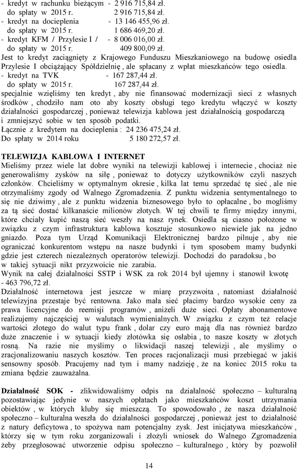 Jest to kredyt zaciągnięty z Krajowego Funduszu Mieszkaniowego na budowę osiedla Przylesie I obciążający Spółdzielnię, ale spłacany z wpłat mieszkańców tego osiedla. - kredyt na TVK - 167 287,44 zł.