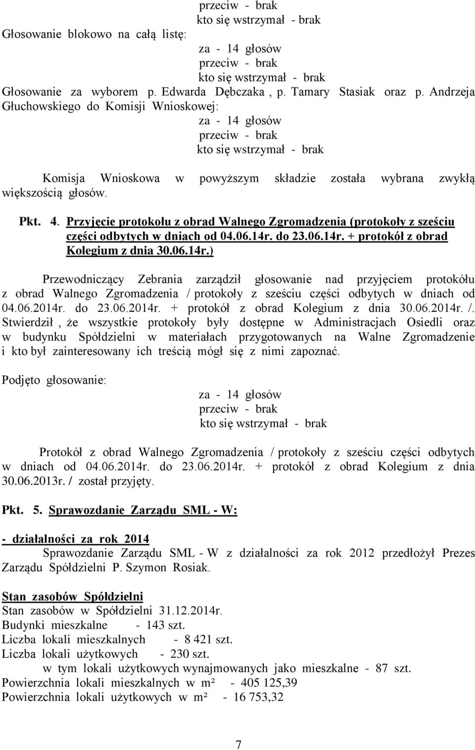 Przyjęcie protokołu z obrad Walnego Zgromadzenia (protokoły z sześciu części odbytych w dniach od 04.06.14r.