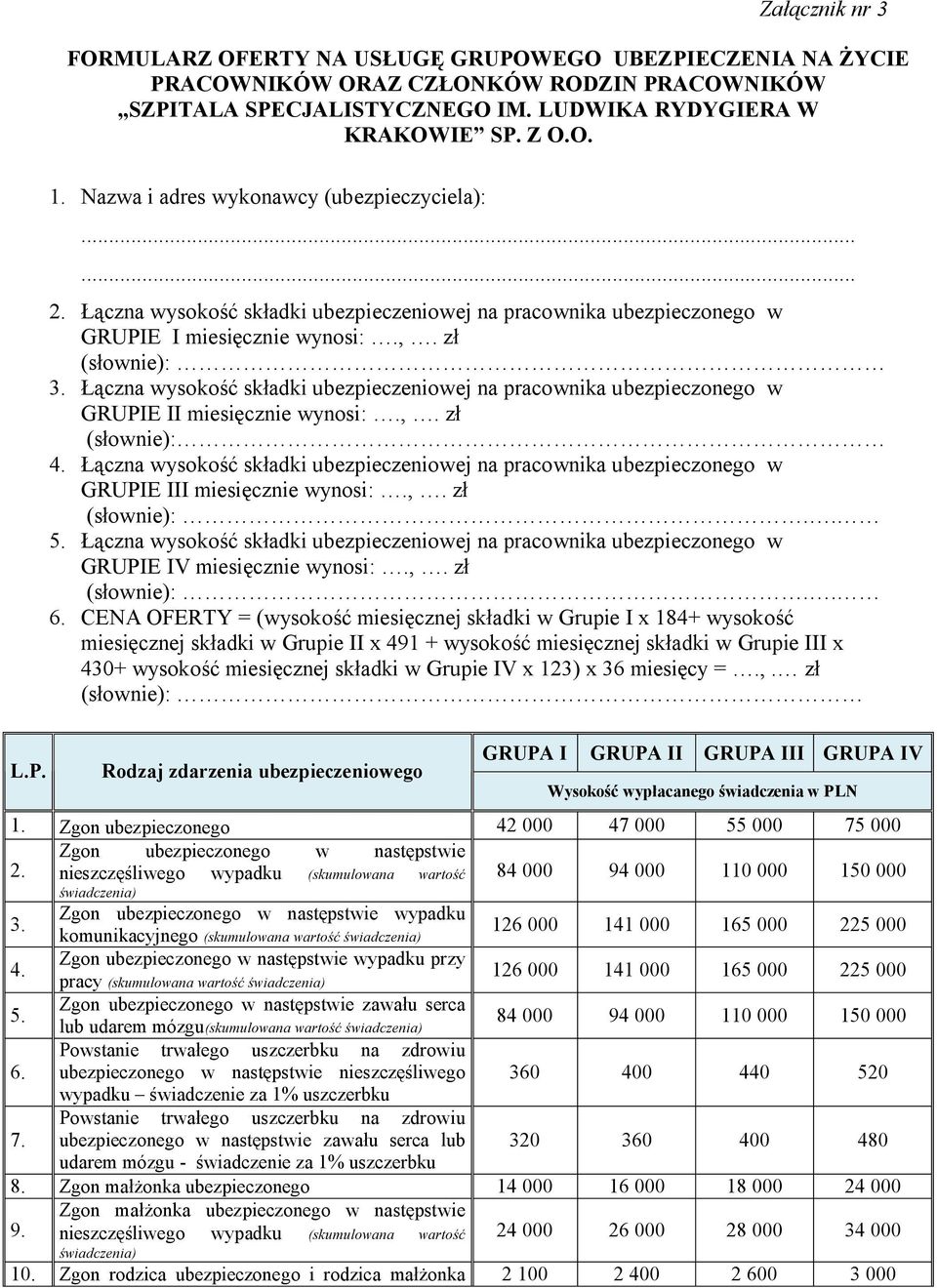 Łączna wysokość składki ubezpieczeniowej na pracownika ubezpieczonego w GRUPIE II miesięcznie wynosi:.,. zł (słownie): 4.