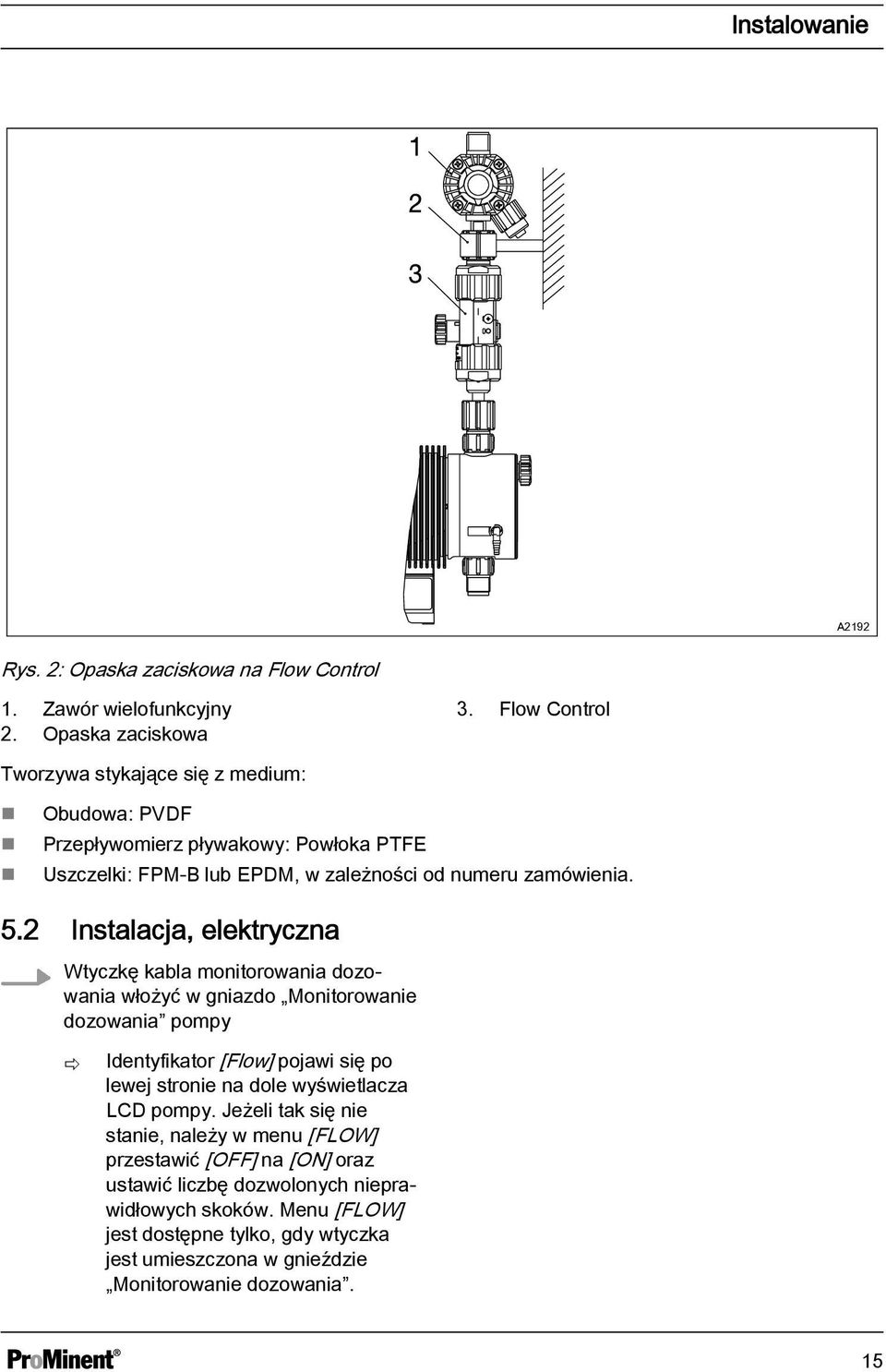 2 Instalacja, elektryczna Wtyczkę kabla monitorowania dozowania włożyć w gniazdo ProMinent Monitorowanie dozowania pompy 7 ð Identyfikator [Flow] pojawi się po lewej stronie na