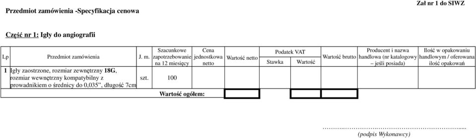 zewnętrzny 18G, rozmiar wewnętrzny kompatybilny z