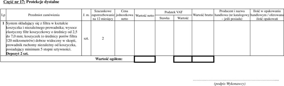 koszyczek (o średnicy porów filtra 120 mikrometrów) dobrze widoczny w skopii, prowadnik