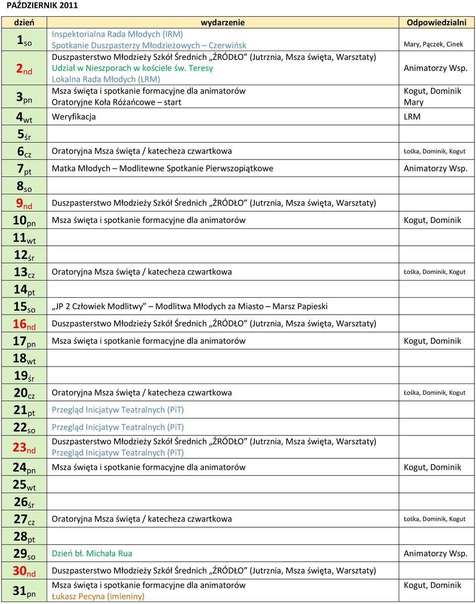 nd 10 pn 11 wt 12 śr 13 cz 14 pt 15 so JP 2 Człowiek Modlitwy Modlitwa Młodych za Miasto Marsz Papieski 16 nd 17 pn 18 wt 19 śr 20 cz 21 pt Przegląd Inicjatyw Teatralnych