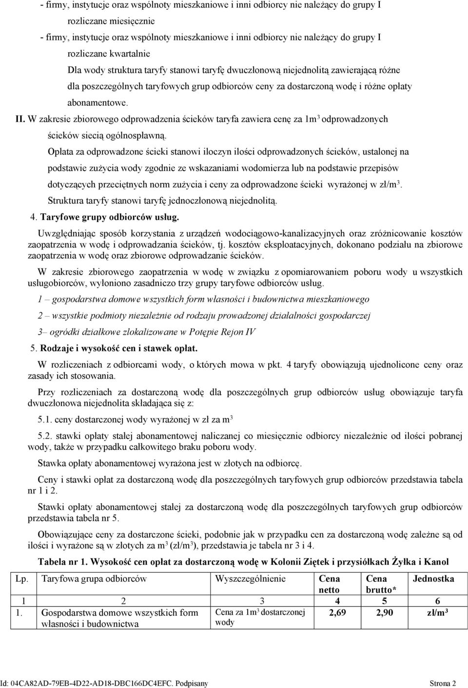 II. W zakresie zbiorowego odprowadzenia ścieków taryfa zawiera cenę za 1m 3 odprowadzonych ścieków siecią ogólnospławną.