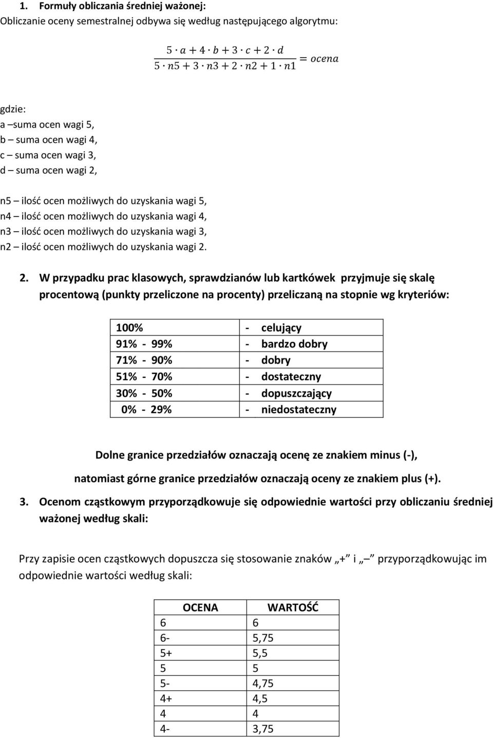 ilość ocen możliwych do uzyskania wagi 2.