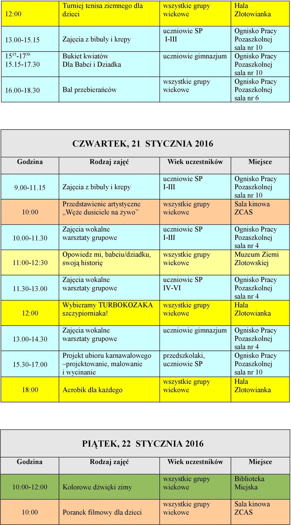 30-13.00 12:00 Wybieramy TURBOKOZAKA szczypiorniaka! 13.00-14.30 15.30-17.