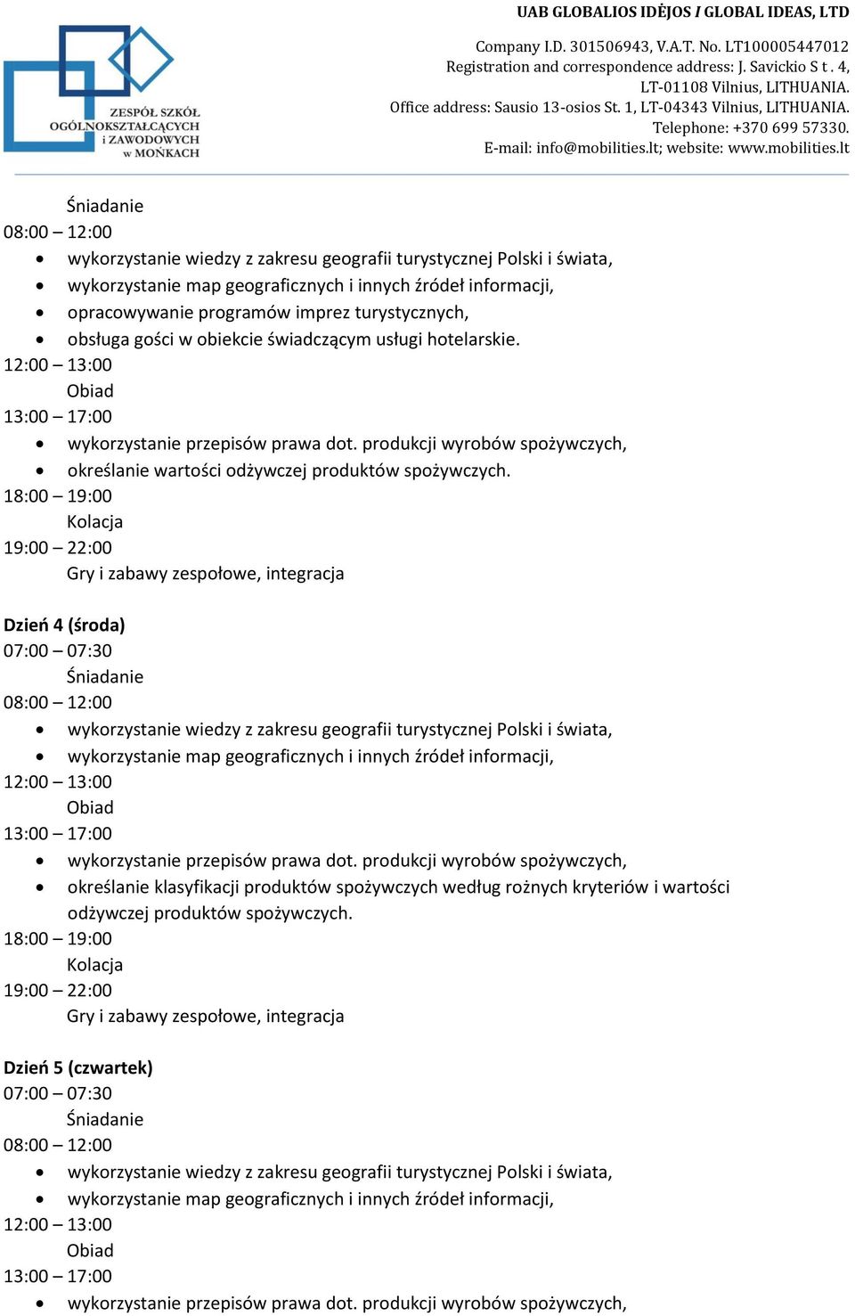 Dzień 4 (środa) wykorzystanie wiedzy z zakresu geografii turystycznej Polski i świata, wykorzystanie map geograficznych i innych źródeł informacji, wykorzystanie przepisów prawa dot.