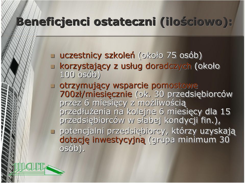 30 przedsiębiorców przez 6 miesięcy z możliwością przedłużenia enia na kolejne 6 miesięcy dla 15