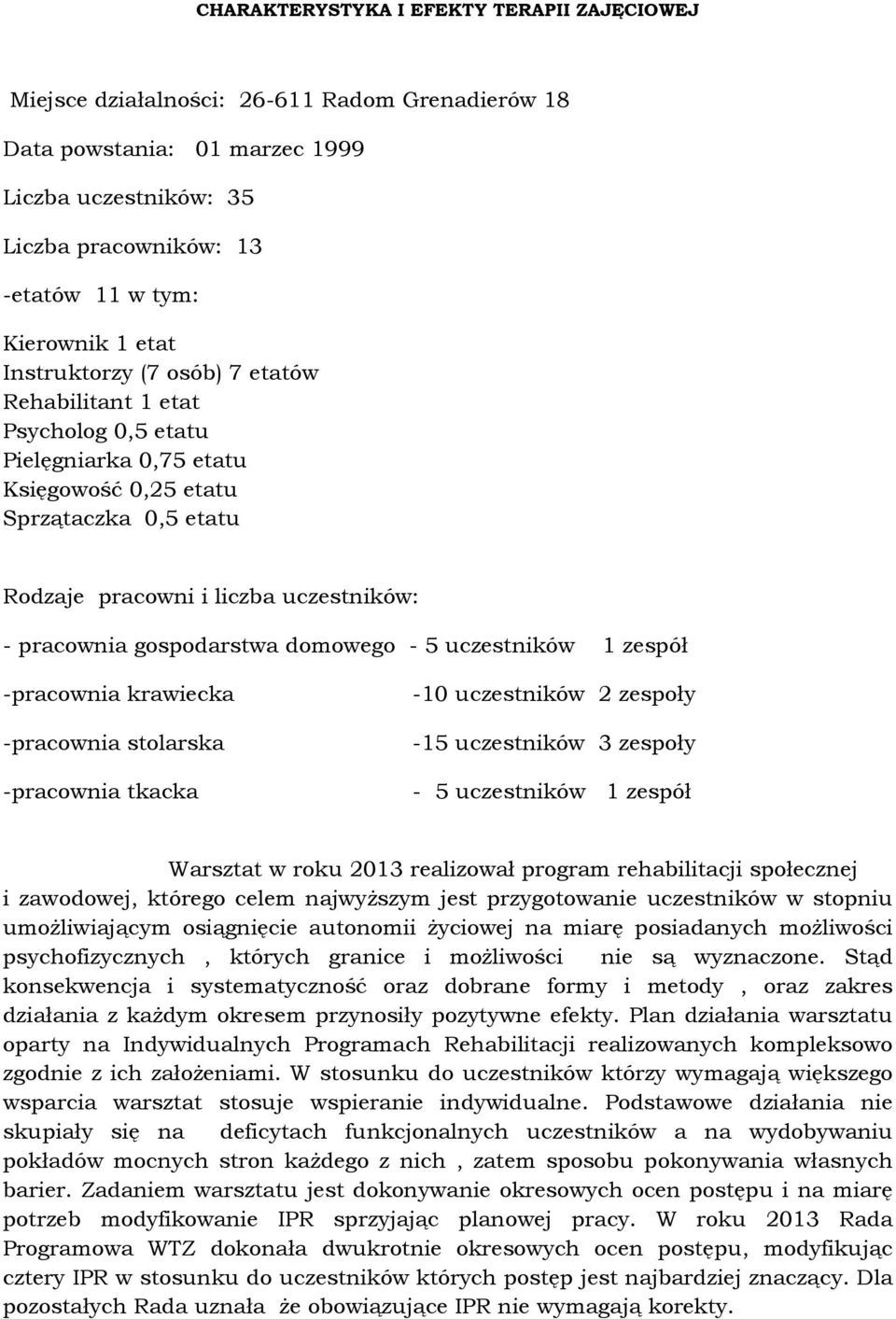 gospodarstwa domowego - 5 uczestników 1 zespół -pracownia krawiecka -pracownia stolarska -pracownia tkacka -10 uczestników 2 zespoły -15 uczestników 3 zespoły - 5 uczestników 1 zespół Warsztat w roku