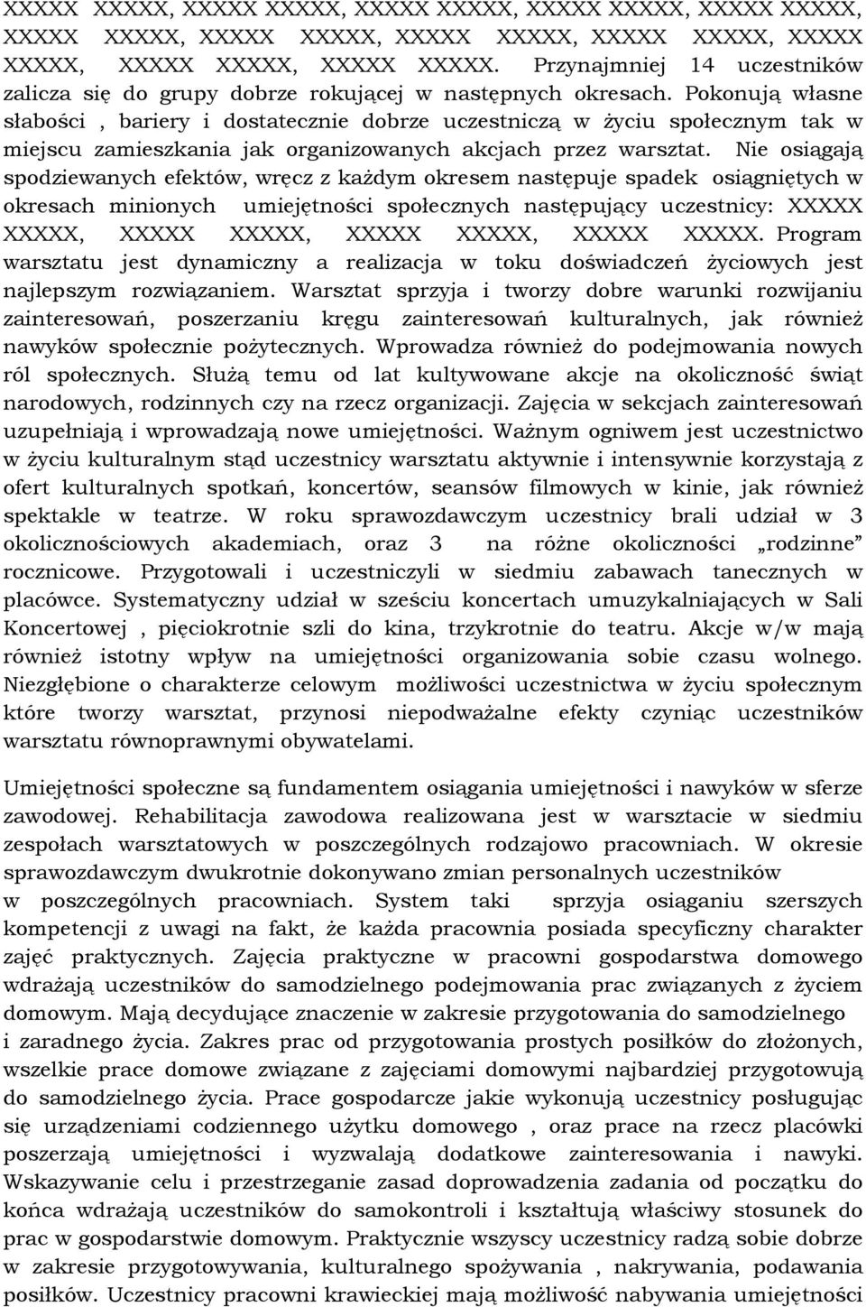 Pokonują własne słabości, bariery i dostatecznie dobrze uczestniczą w Ŝyciu społecznym tak w miejscu zamieszkania jak organizowanych akcjach przez warsztat.