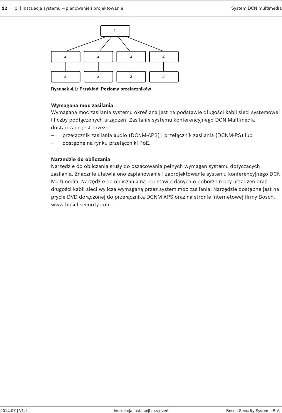 Zasilanie systemu konferencyjnego DCN Multimedia dostarczane jest przez: przełącznik zasilania audio (DCNM-APS) i przełącznik zasilania (DCNM-PS) lub dostępne na rynku przełączniki PoE.