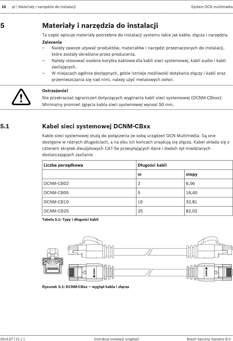 Należy stosować osobne korytka kablowe dla kabli sieci systemowej, kabli audio i kabli zasilających.