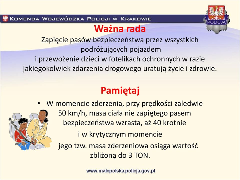 Pamiętaj W momencie zderzenia, przy prędkości zaledwie 50 km/h, masa ciała nie zapiętego pasem