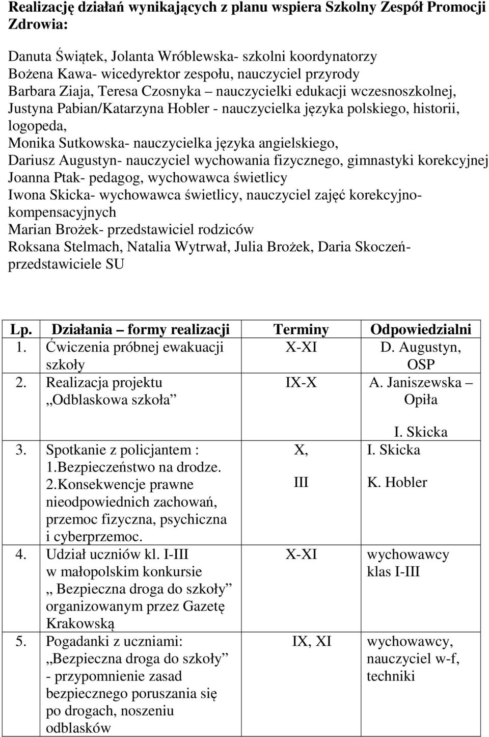 angielskiego, Dariusz Augustyn- nauczyciel wychowania fizycznego, gimnastyki korekcyjnej Joanna Ptak- pedagog, wychowawca świetlicy Iwona Skicka- wychowawca świetlicy, nauczyciel zajęć