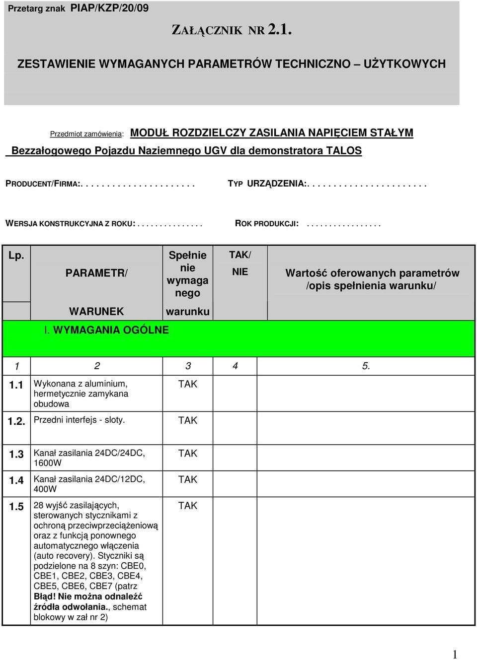 PRODUCENT/FIRMA:...................... TYP URZĄDZENIA:....................... WERSJA KONSTRUKCYJNA Z ROKU:............... ROK PRODUKCJI:................. Lp.