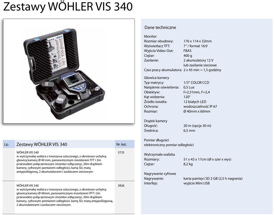Ochrona: wodoszczelność IP 67 Rozmiar: Ø 40mm x 60mm Drążek kamery Długość: 20 m (opcja 30 m) Średnica: 6,5 mm Lp. Zestawy Nr. kat.