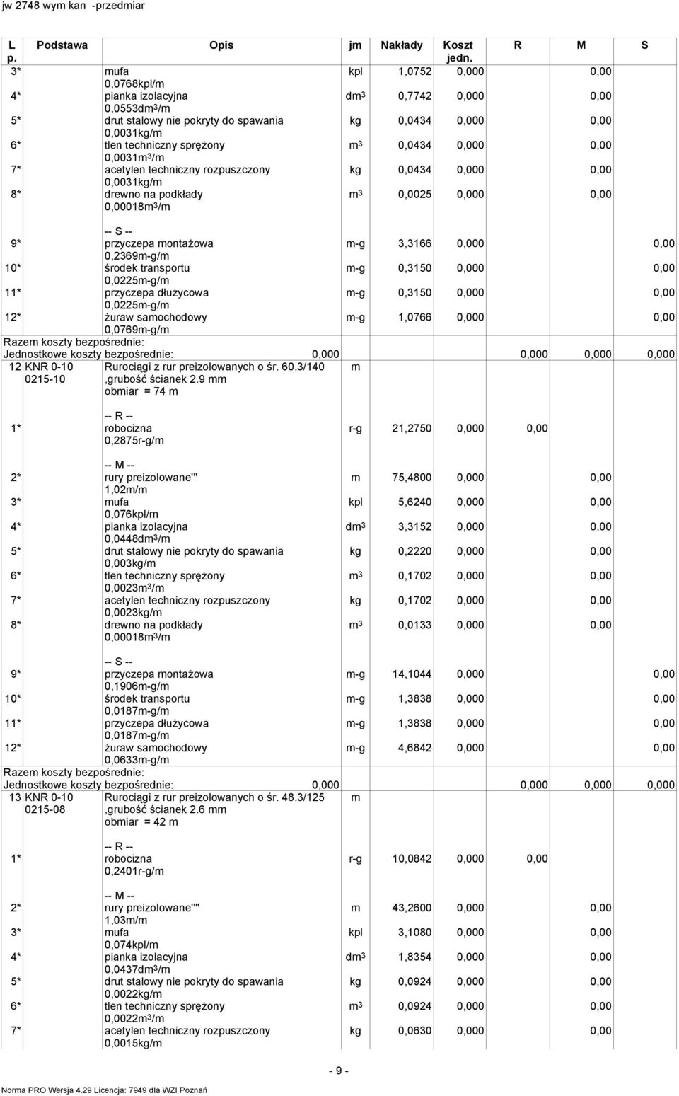 0,3150 0,000 0,00 -g 1,0766 0,000 0,00 12 KNR 0-10 0215-10 Rurociągi z rur preizolowanych o śr. 60.3/140,grubość ścianek 2.