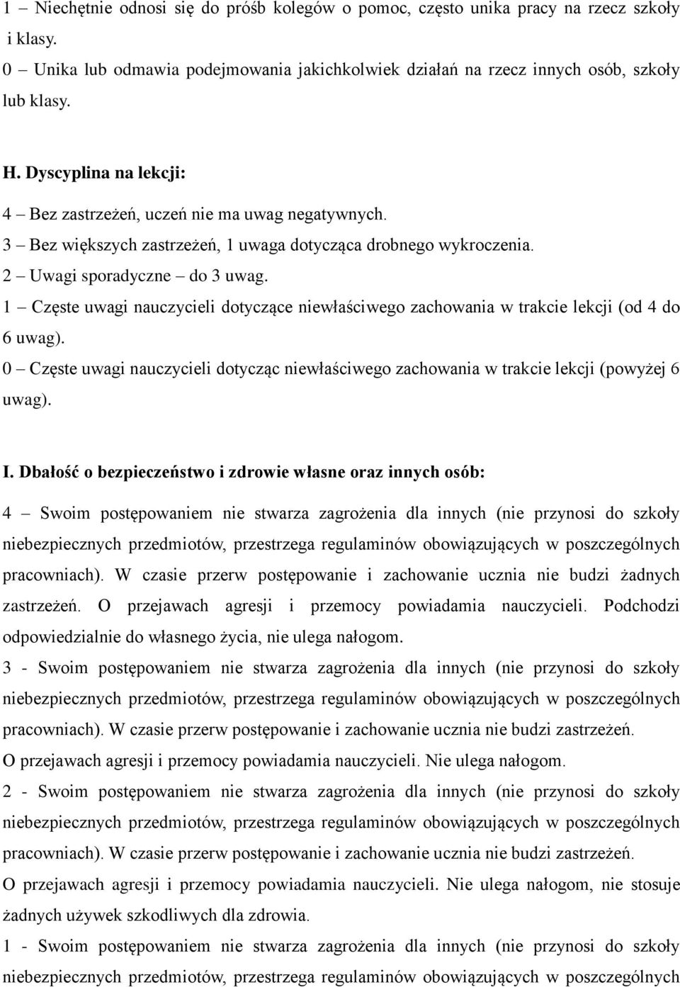 1 Częste uwagi nauczycieli dotyczące niewłaściwego zachowania w trakcie lekcji (od 4 do 6 uwag). 0 Częste uwagi nauczycieli dotycząc niewłaściwego zachowania w trakcie lekcji (powyżej 6 uwag). I.