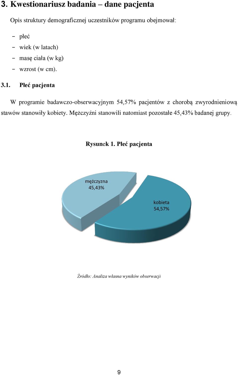 Płeć pacjenta W programie badawczo-obserwacyjnym 54,57% pacjentów z chorobą zwyrodnieniową stawów