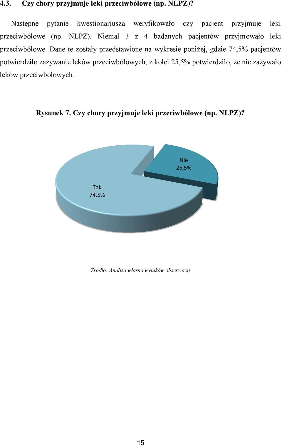 Niemal 3 z 4 badanych pacjentów przyjmowało leki przeciwbólowe.