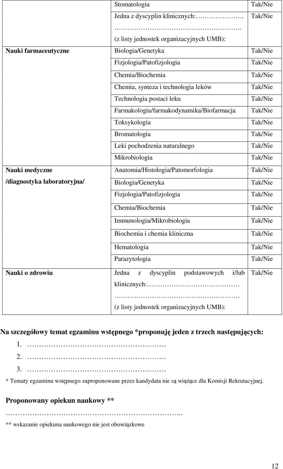 Farmakologia/farmakodynamika/Biofarmacja Toksykologia Bromatologia Leki pochodzenia naturalnego Mikrobiologia Nauki medyczne Anatomia/Histologia/Patomorfologia /diagnostyka laboratoryjna/