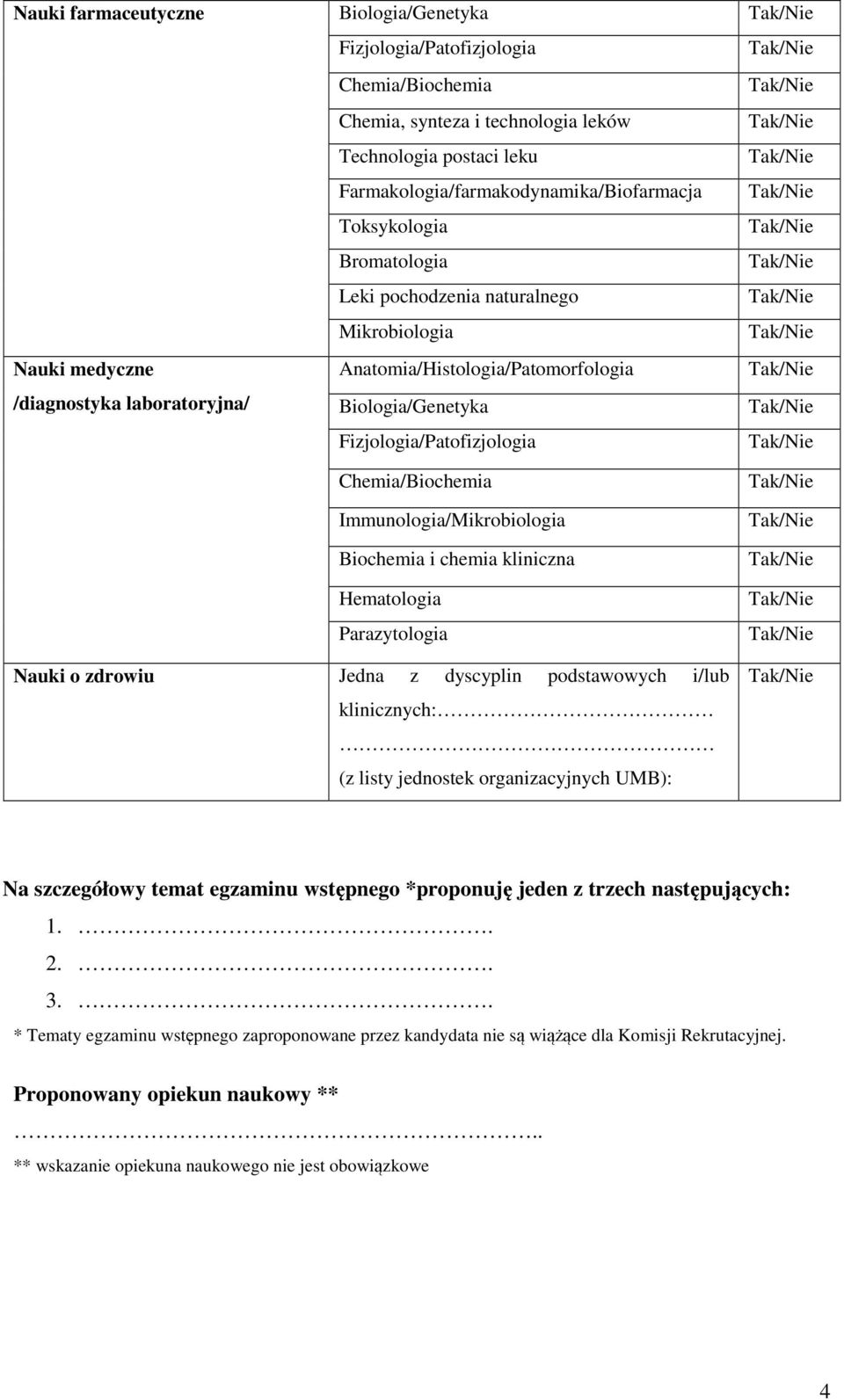 Immunologia/Mikrobiologia Biochemia i chemia kliniczna Hematologia Parazytologia Nauki o zdrowiu Jedna z dyscyplin podstawowych i/lub klinicznych: (z listy jednostek organizacyjnych UMB): Na