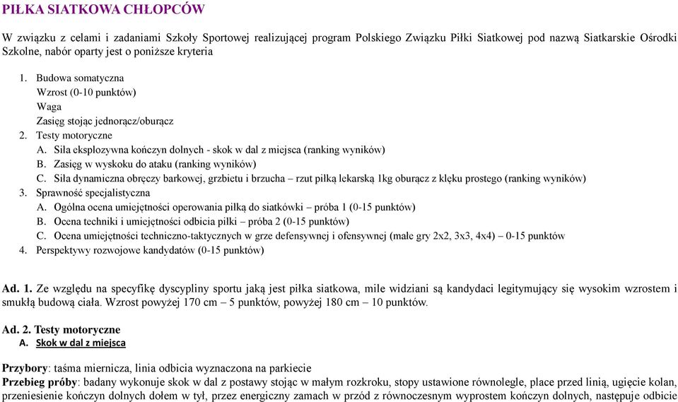 Zasięg w wyskoku do ataku (ranking wyników) C. Siła dynamiczna obręczy barkowej, grzbietu i brzucha rzut piłką lekarską 1kg oburącz z klęku prostego (ranking wyników) 3. Sprawność specjalistyczna A.