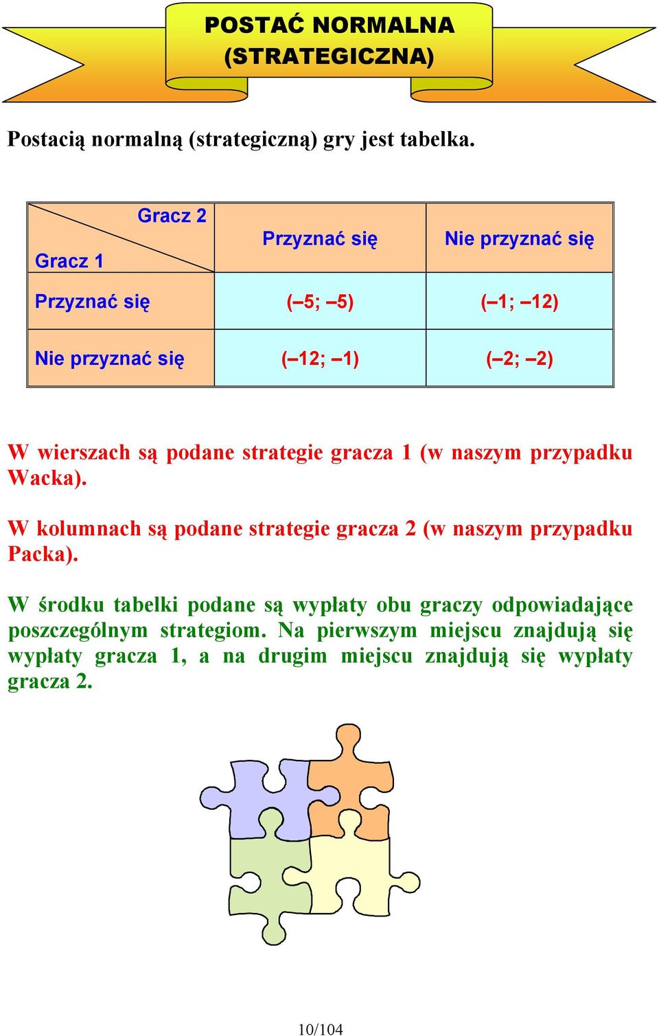 strategie gracza 1 (w naszym przypadku Wacka). W kolumnach są podane strategie gracza 2 (w naszym przypadku Packa).