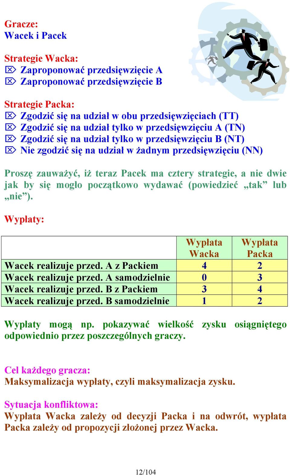 by się mogło początkowo wydawać (powiedzieć tak lub nie ). Wypłaty: Wypłata Wacka Wypłata Packa Wacek realizuje przed. A z Packiem 4 2 Wacek realizuje przed. A samodzielnie 0 3 Wacek realizuje przed.