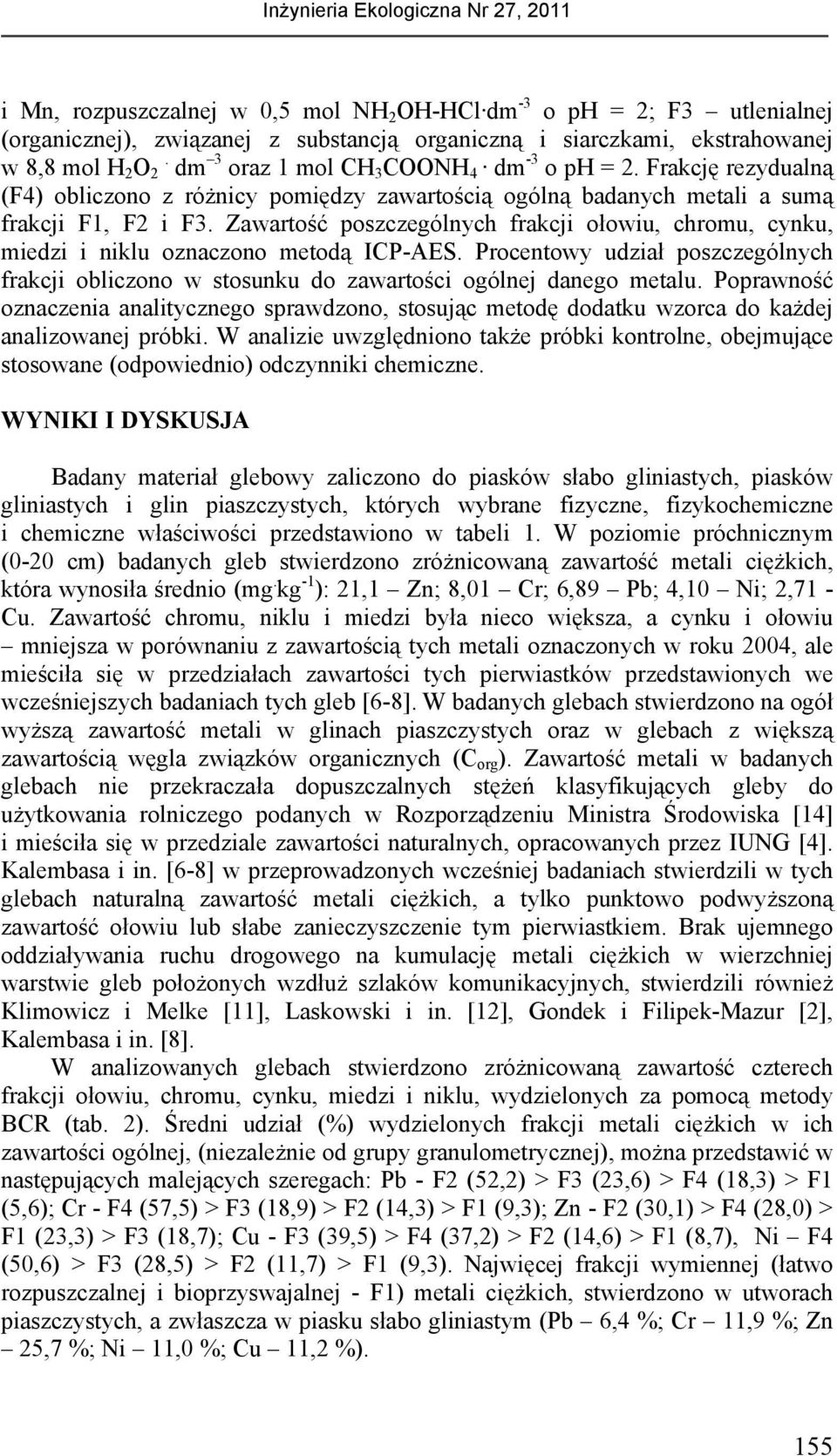 Zawartość poszczególnych frakcji ołowiu, chromu, cynku, miedzi i niklu oznaczono metodą ICP-AES. Procentowy udział poszczególnych frakcji obliczono w stosunku do zawartości ogólnej danego metalu.