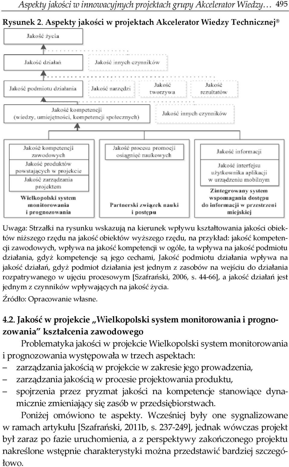 przykład: jakość kompetencji zawodowych, wpływa na jakość kompetencji w ogóle, ta wpływa na jakość podmiotu działania, gdyż kompetencje są jego cechami, Jakość podmiotu działania wpływa na jakość