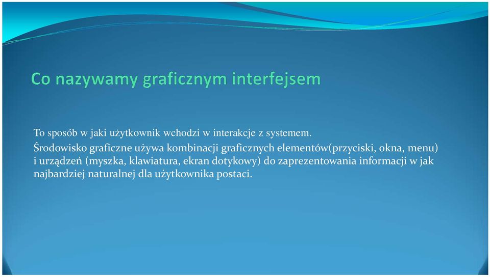 i urządzeń (myszka, klawiatura, ekran dotykowy) do zaprezentowania informacji w jak