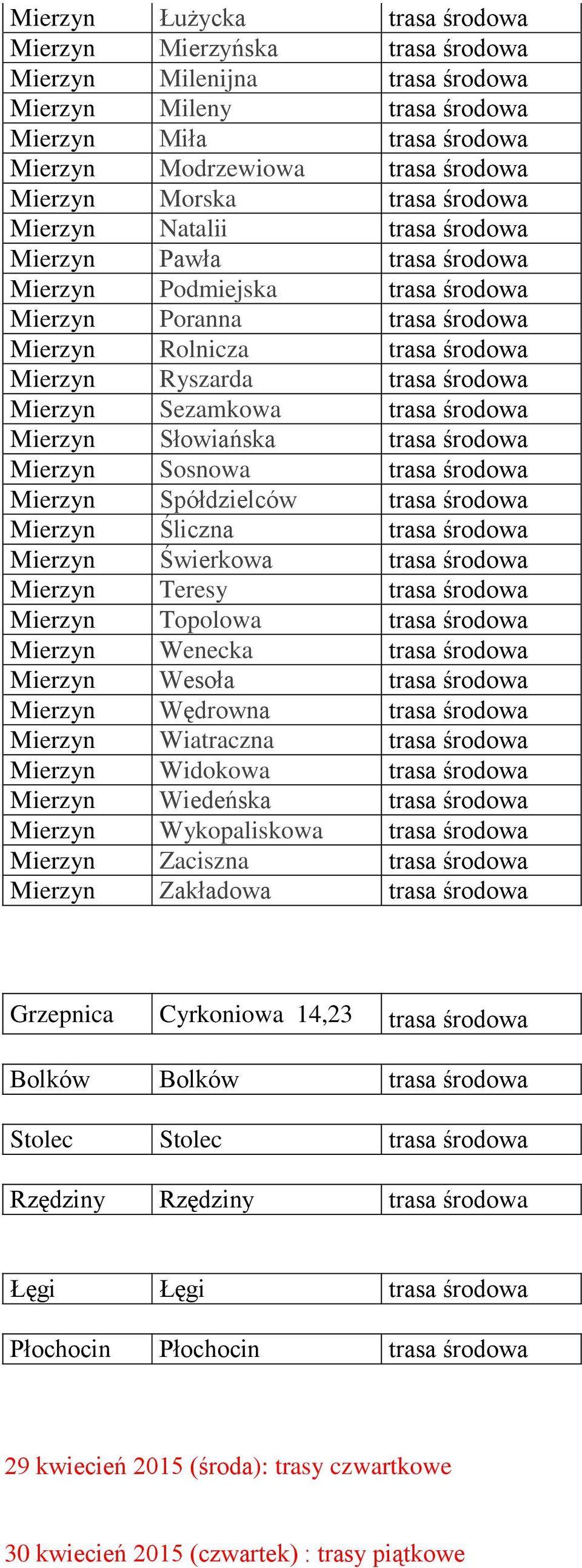 Mierzyn Sezamkowa trasa środowa Mierzyn Słowiańska trasa środowa Mierzyn Sosnowa trasa środowa Mierzyn Spółdzielców trasa środowa Mierzyn Śliczna trasa środowa Mierzyn Świerkowa trasa środowa Mierzyn