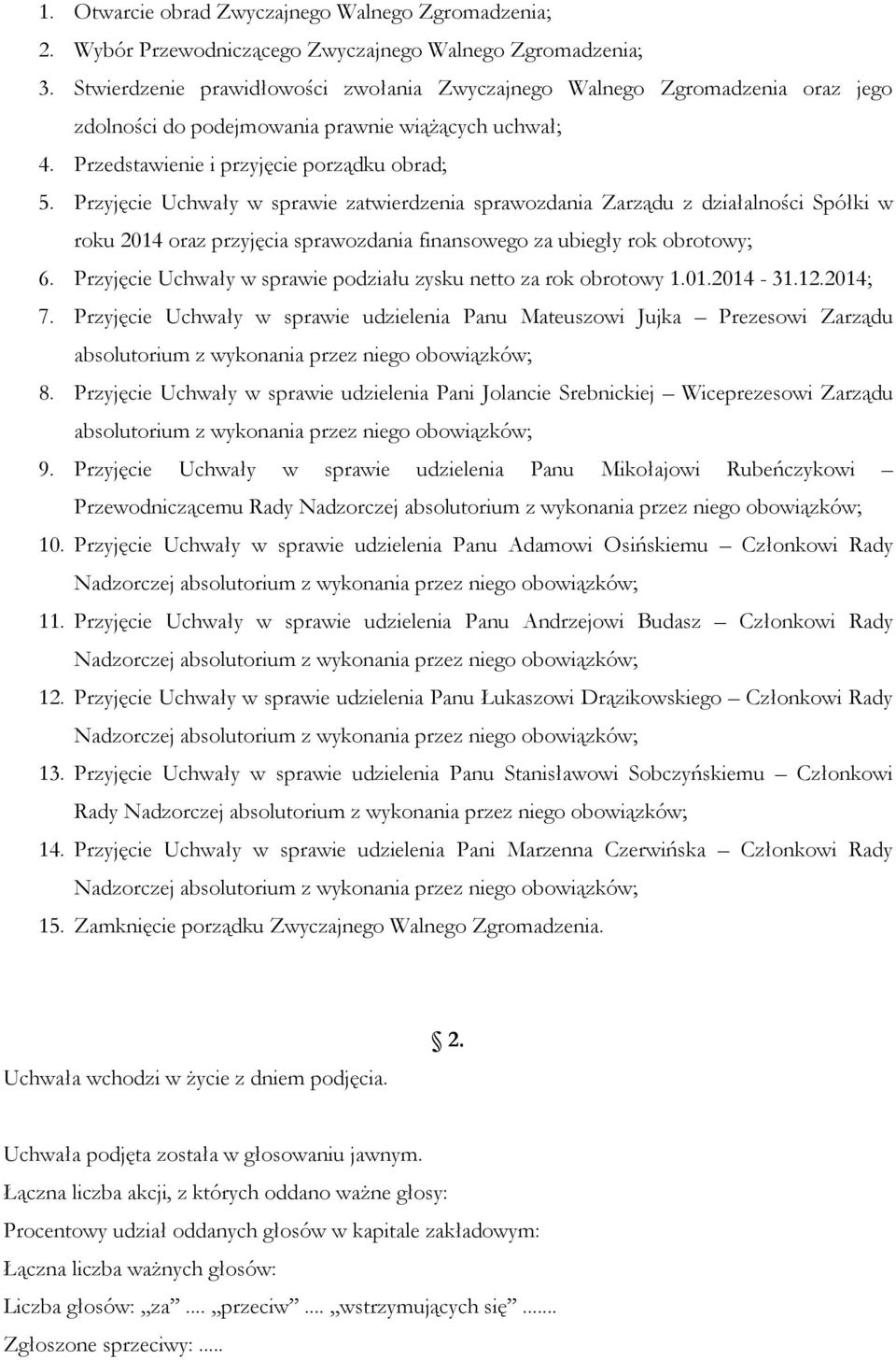 Przyjęcie Uchwały w sprawie podziału zysku netto za rok obrotowy 1.01.2014-31.12.2014; 7.