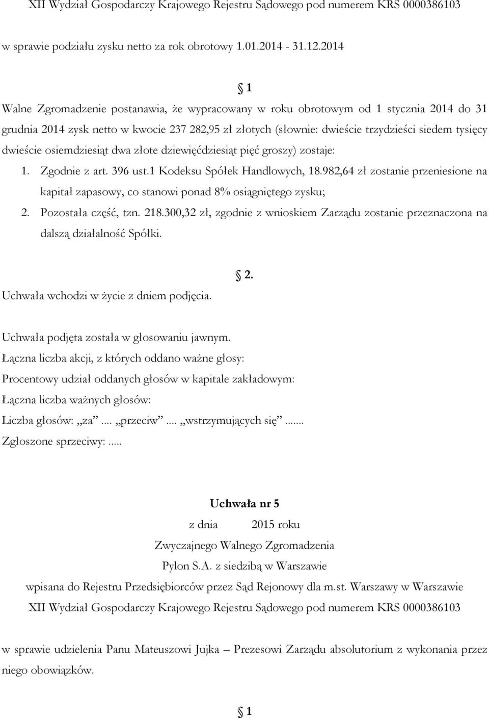 tysięcy dwieście osiemdziesiąt dwa złote dziewięćdziesiąt pięć groszy) zostaje: 1. Zgodnie z art. 396 ust.1 Kodeksu Spółek Handlowych, 18.