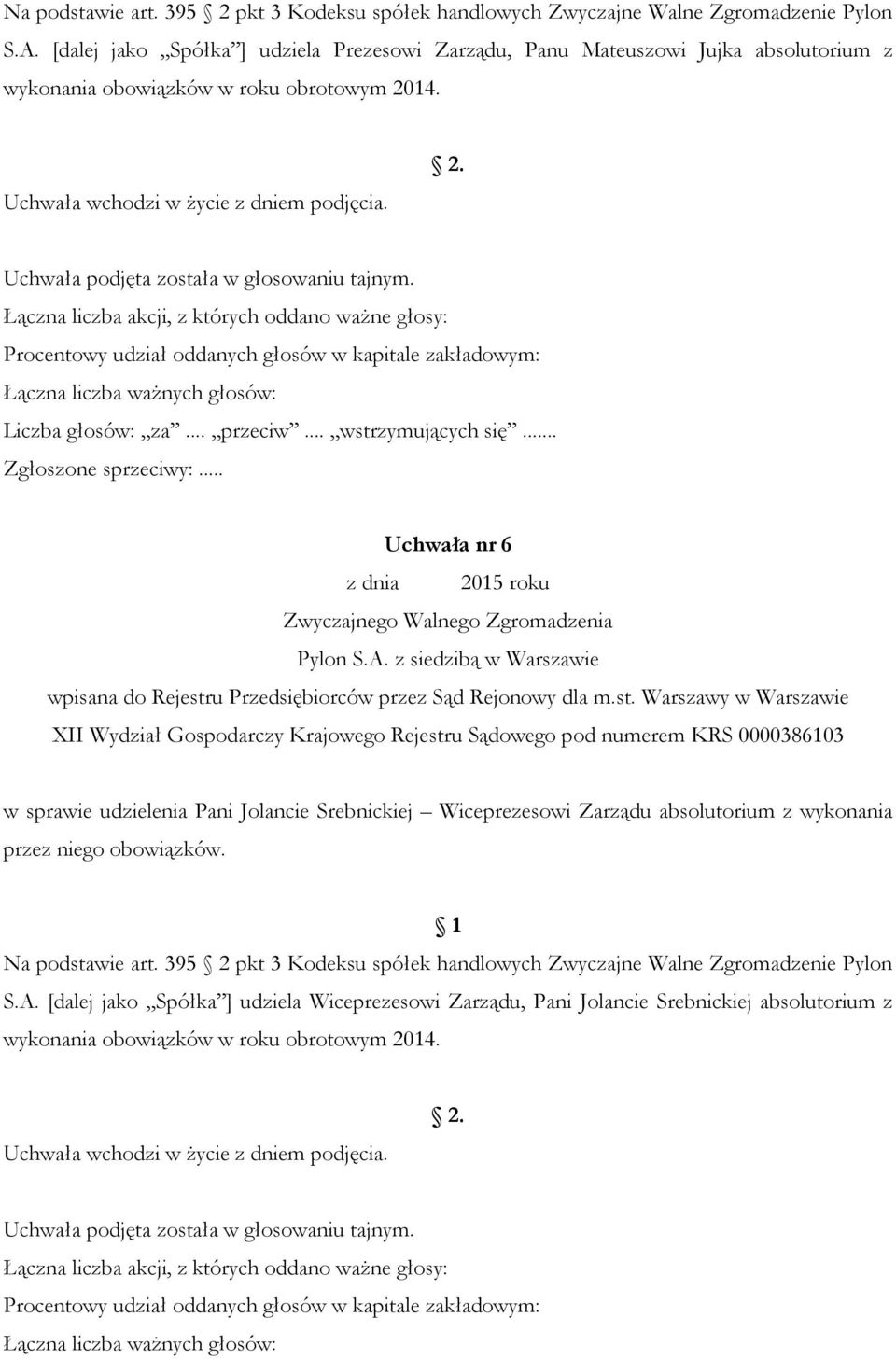 Uchwała nr 6 w sprawie udzielenia Pani Jolancie Srebnickiej Wiceprezesowi Zarządu absolutorium z