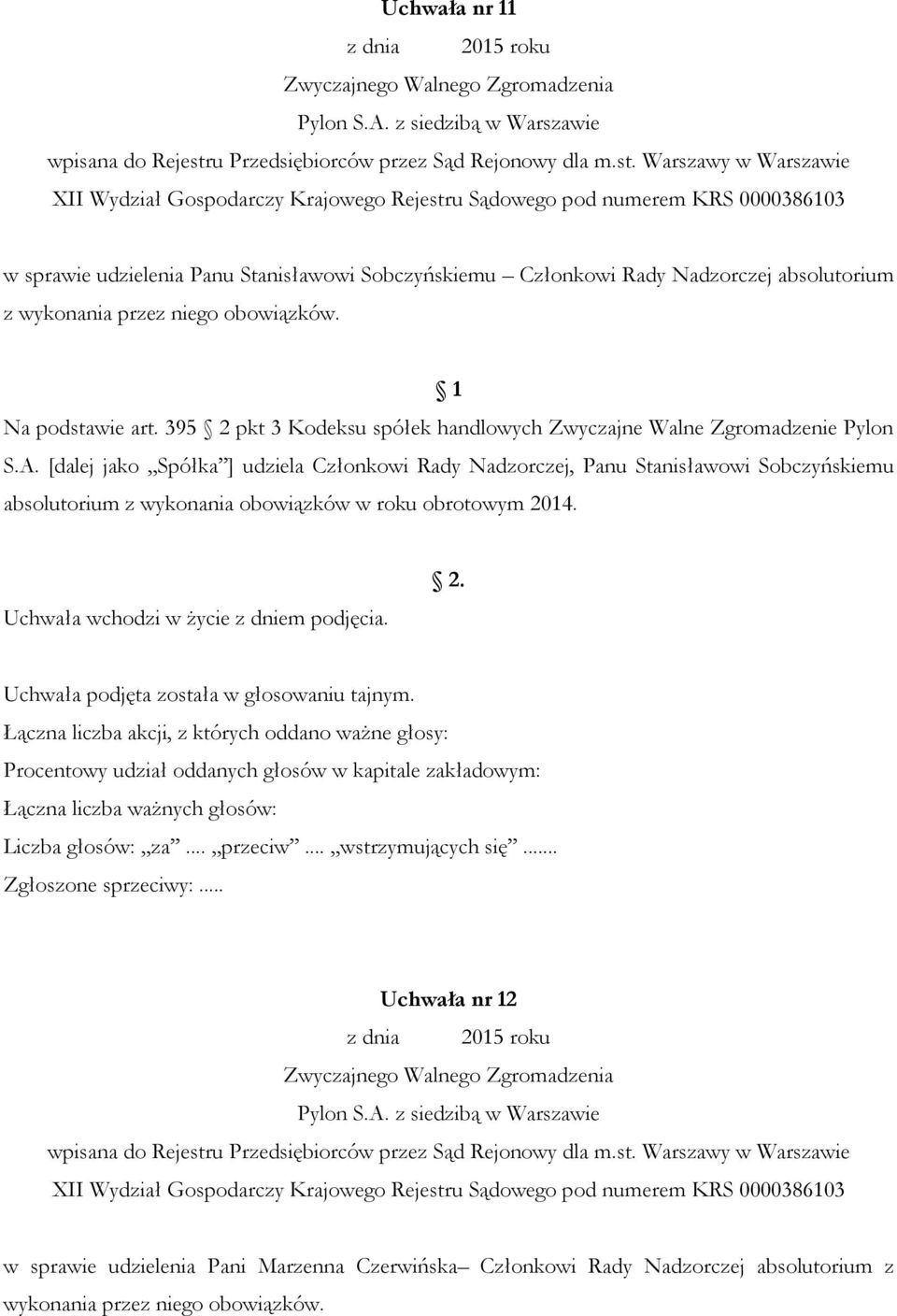 [dalej jako Spółka ] udziela Członkowi Rady Nadzorczej, Panu Stanisławowi Sobczyńskiemu absolutorium z