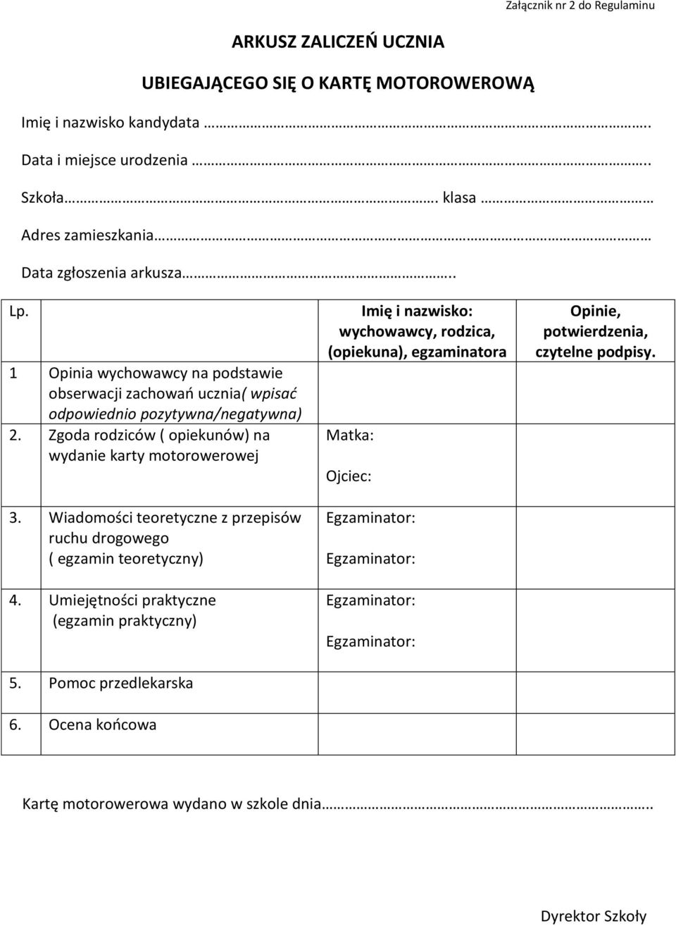Zgoda rodziców ( opiekunów) na wydanie karty motorowerowej 3. Wiadomości teoretyczne z przepisów ruchu drogowego ( egzamin teoretyczny) 4.