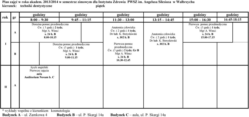 15 natomia człowieka Ćw. ( 2 godz.) 1 tydz. Dr hab. K. orysławski Pierwsza pomoc przedmedyczna Ćw. (3 godz.) 2 tydz. Gr M. Winsz s. 24 b. 10.30-12.45 natomia człowieka Ćw. ( 2 godz.) 1 tydz. Dr hab. K. orysławski Pierwsza pomoc przedmedyczna Ćw. (3 godz.) 1 tydz. M. Winsz s. 24 b. 15.