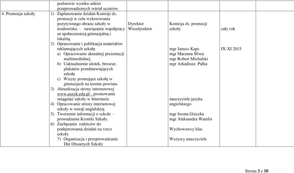 2) Opracowanie i publikacja materiałów reklamujących szkołę a) Opracowanie aktualnej prezentacji multimedialnej. b) Uaktualnienie ulotek, broszur, plakatów przedstawiających szkołę.