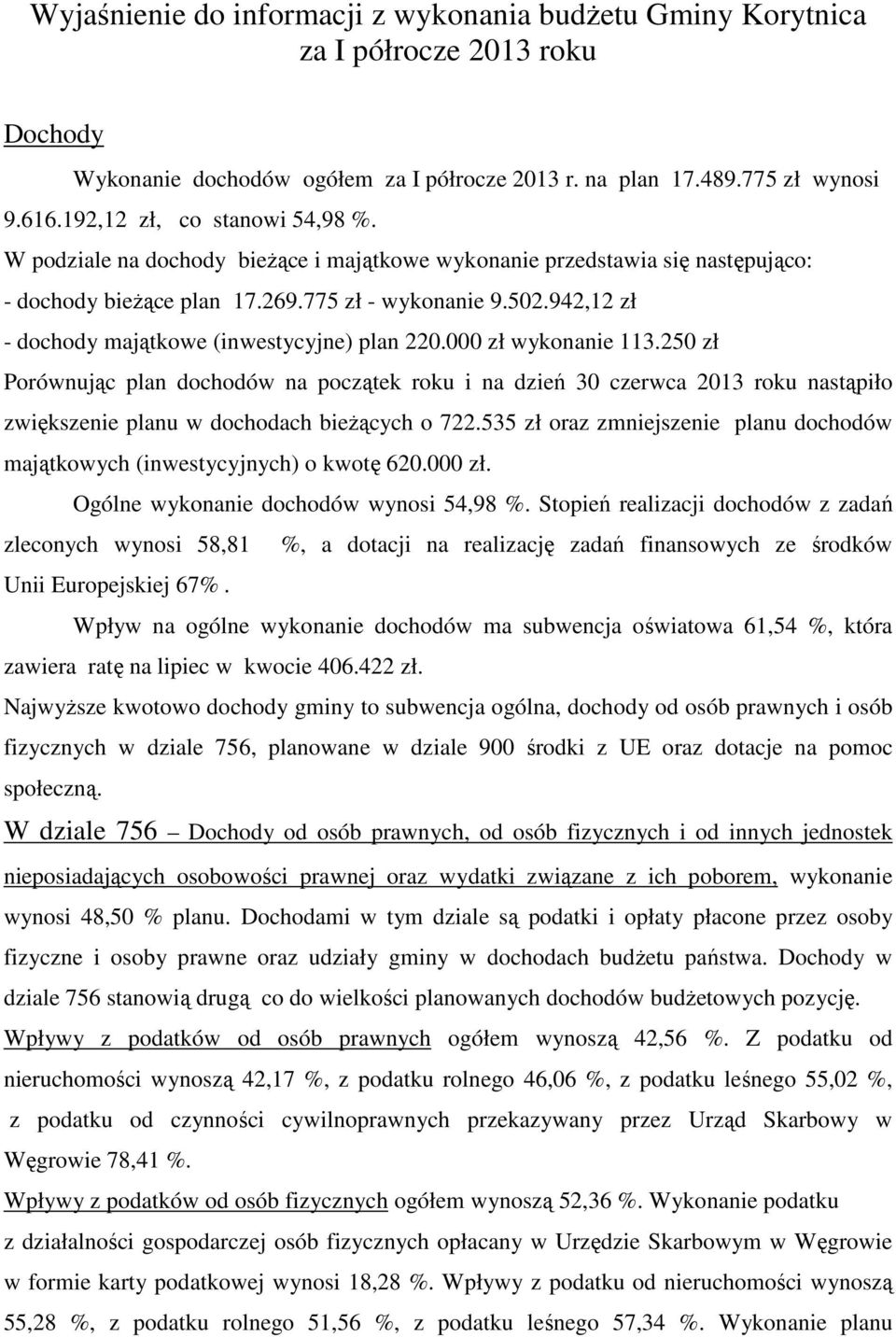 942,12 zł - dochody majątkowe (inwestycyjne) plan 220.000 zł wykonanie 113.