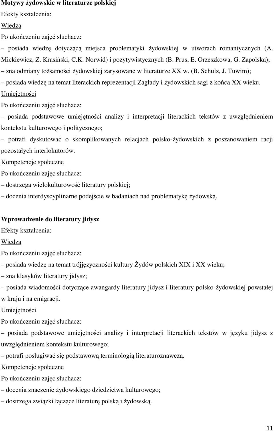 Tuwim); posiada wiedzę na temat literackich reprezentacji Zagłady i żydowskich sagi z końca XX wieku.