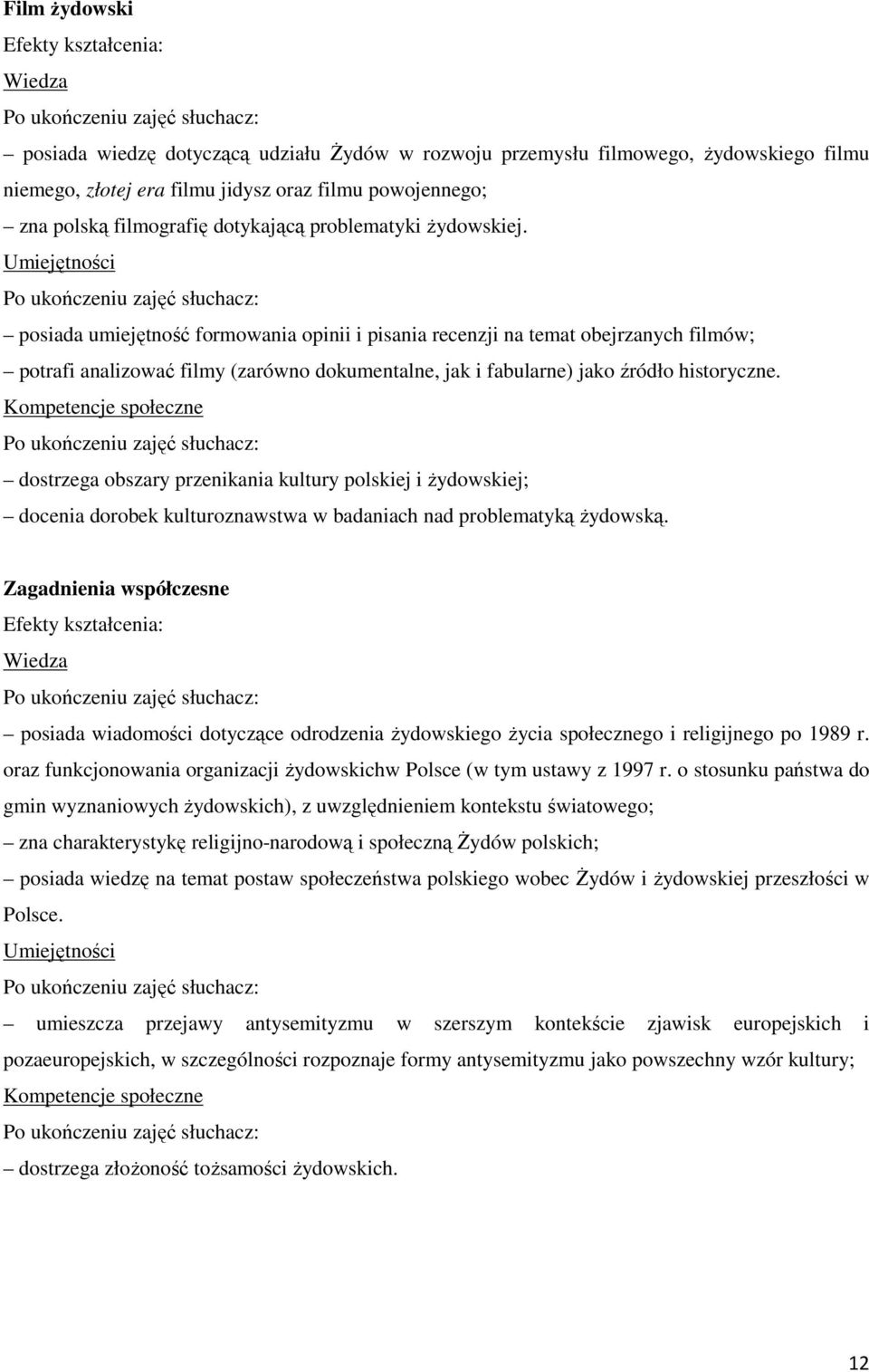 dostrzega obszary przenikania kultury polskiej i żydowskiej; docenia dorobek kulturoznawstwa w badaniach nad problematyką żydowską.