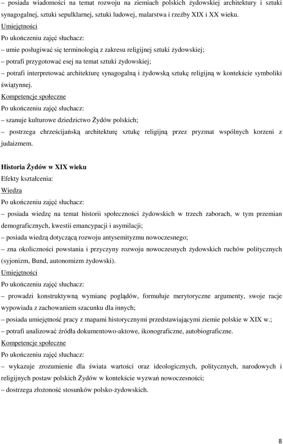 religijną w kontekście symboliki świątynnej. szanuje kulturowe dziedzictwo Żydów polskich; postrzega chrześcijańską architekturę sztukę religijną przez pryzmat wspólnych korzeni z judaizmem.