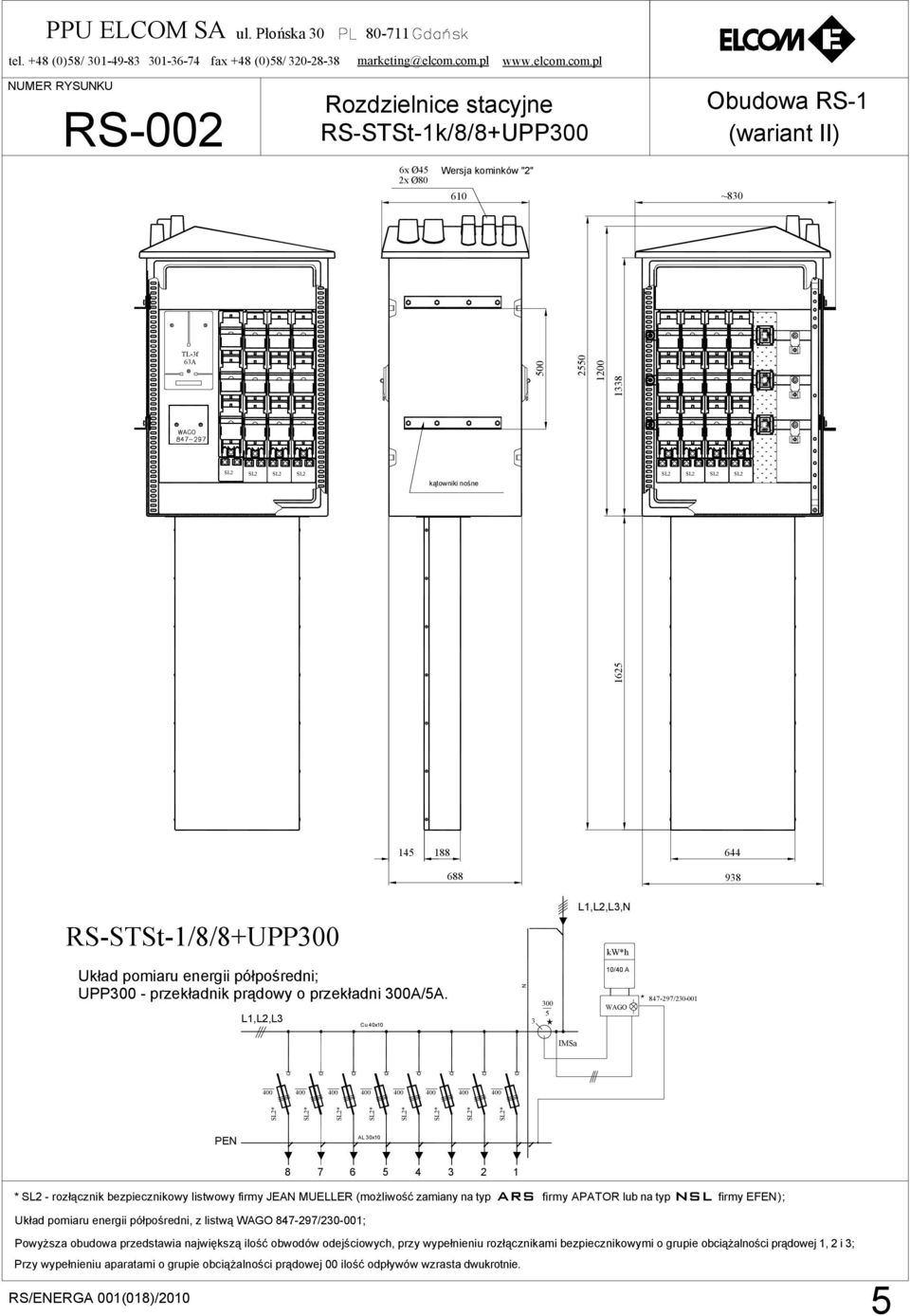 IMSa kątowniki nośne 1625 145 188 688 644 938 RS-STSt-1/8/8+UPP300 L1,L2,L3,N kw*h Układ pomiaru energii półpośredni; UPP300 - przekładnik prądowy o przekładni 300A/5A.