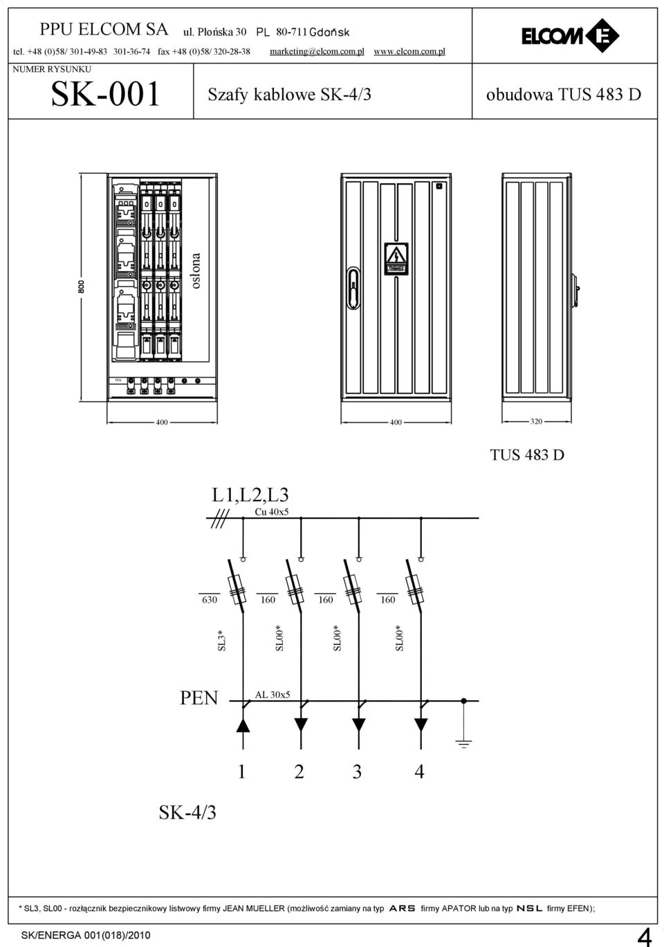 160 160 160 SL00* SL00* SL00* PEN AL 30x5 1 2 3 4 SK-4/3 * SL3, SL00 - rozłącznik bezpiecznikowy listwowy firmy JEAN