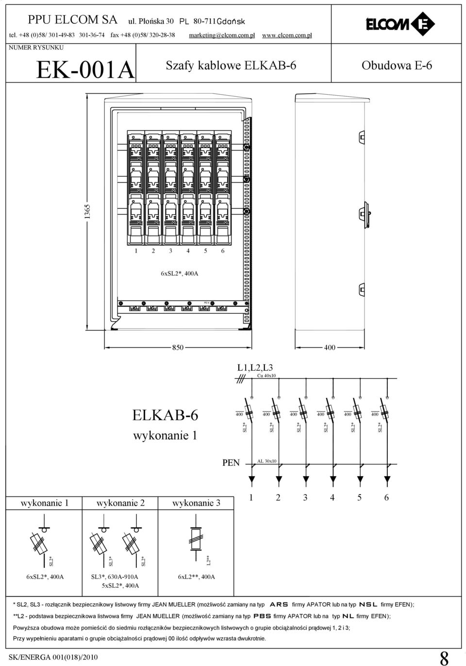 1 2 3 4 5 6 SL3* L2** 6x, A SL3*, 630A-910A 5x, A 6xL2**, A *, SL3 - rozłącznik bezpiecznikowy listwowy firmy JEAN MUELLER (możliwość zamiany na typ ARS firmy APATOR lub na typ NSL firmy EFEN); **L2