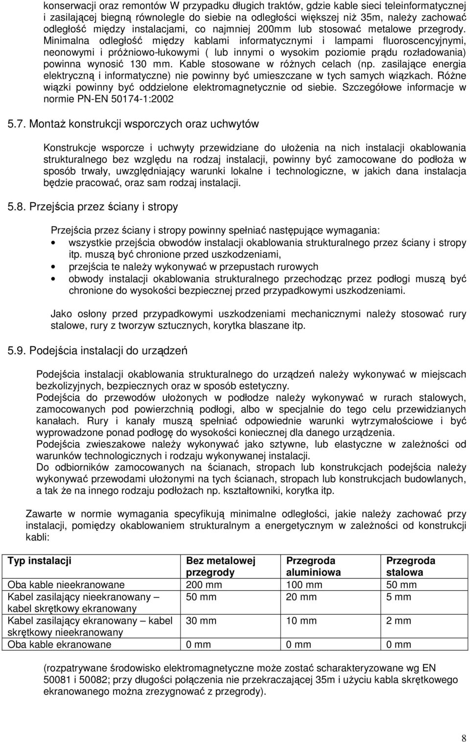 Minimalna odległość między kablami informatycznymi i lampami fluoroscencyjnymi, neonowymi i próŝniowo-łukowymi ( lub innymi o wysokim poziomie prądu rozładowania) powinna wynosić 130 mm.